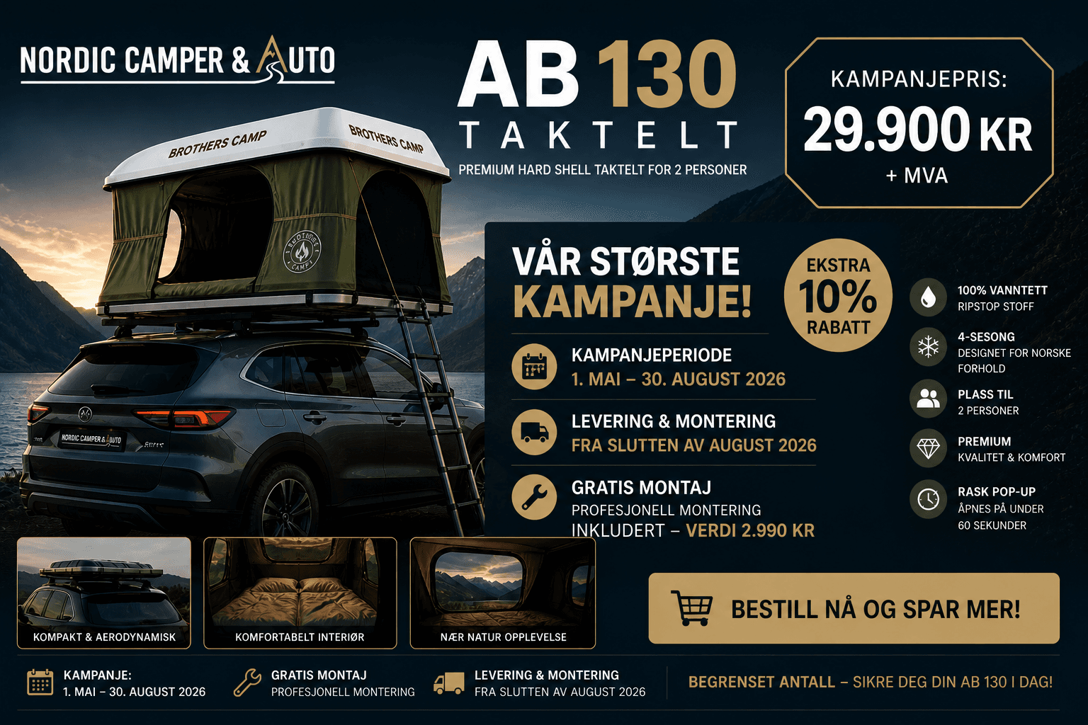 AB 130 Taktelt – Hard Shell Rooftop Tent for 2 Personer