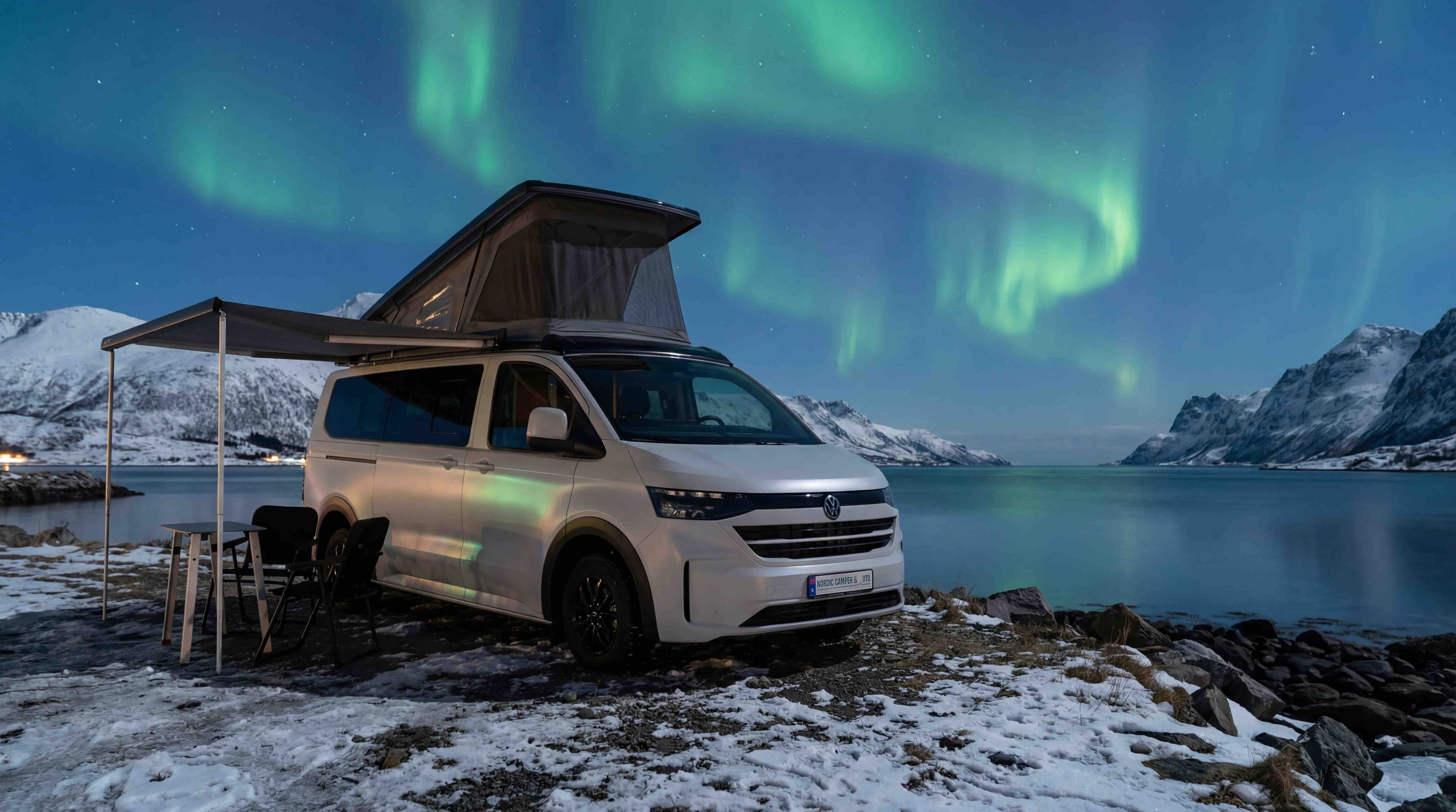 Order a custom camper van — Nordic motorhome under the northern lights in Norway